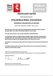 Emergency Road Closure - Stalisfield Road, Stalisfield - 27th October 2026