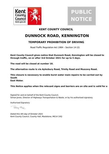  - Urgent Road Closure - Dunnock Road, Kennington - 3rd October 2021 (Ashford)