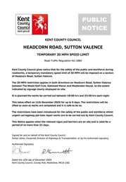 Emergency Speed Limit Reduction - Headcorn Road