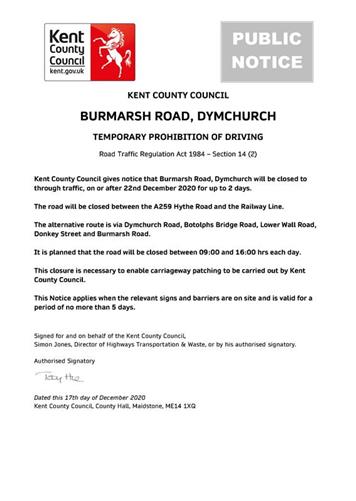  - Urgent Road Closure - Burmarsh Road, Dymchurch - 22nd December 2020 (Folkestone & Hythe)