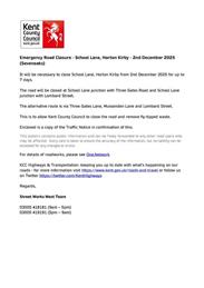 Emergency Road Closure, - School Lane, Horton Kirby