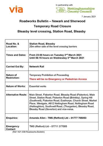  - Forthcoming closure of Level Crossing at Bleasby