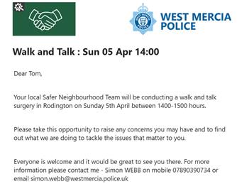 Walk and talk surgery in Rodington on Sunday 5th April