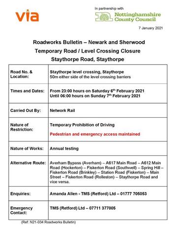  - Forthcoming Level Crossing Closures in Staythorpe