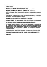 Road Closure Notice Temporary Closure of: Trow Lane (Part), Brinkworth (Ref: TTRO 7175)