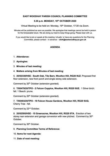  - Planning Meeting Monday 19th October 2020 @17:30
