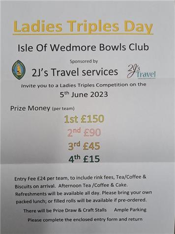  - Isle of Wedmore Bowls Club  Ladies Triples Tournament Monday 05th June 2023