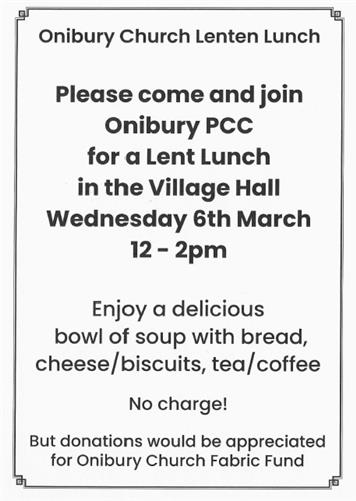  - Onibury Church Lent Lunch Wednesday 6th March 2023