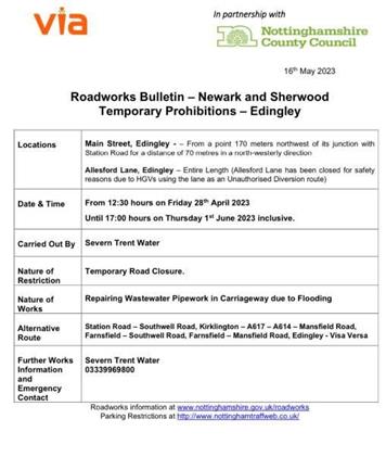  - Road Closure Edingley