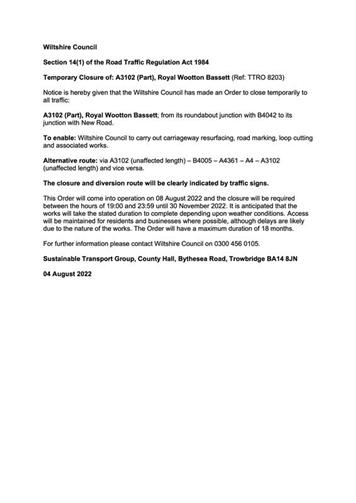  - Wiltshire Council Traffic Notice A3102 June 22 2022