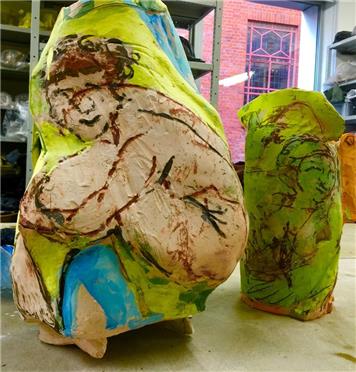 Squatting figure using monoprints from lifedrawing on clay. - Ceramic Diploma City Lit. 2015-2017