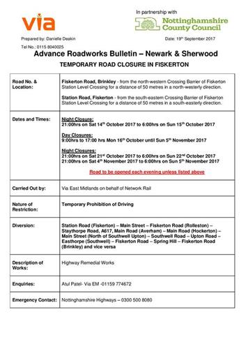  - Road Closure at Fiskerton Crossing in October