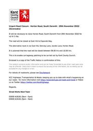Horton Road South Darenth Road closure 29 November