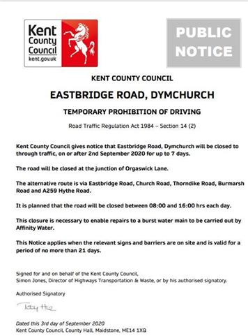  - Emergency road Closure Eastbridge Road Dymchurch