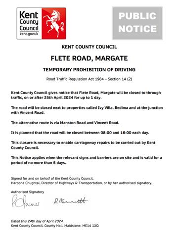  - KCC - Urgent Road Closure - Flete Road, Margate - 25th April 2024 (Thanet)