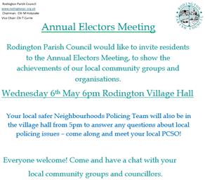 Annual Electors Meeting 6th May 6pm at Rodington Village Hall