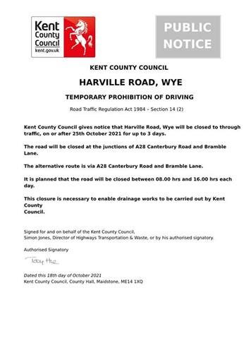  - Road Closure Harville Road (from KCC)