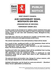 KCC Notice - Overnight Lane Closures Canterbury Road - 16th November 2021