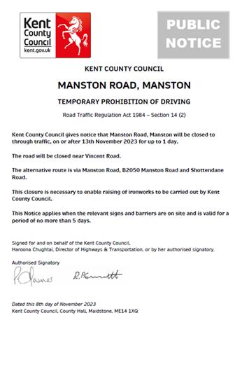  - KCC - Urgent Road Closure - Manston Road, Manston - 13th November 2023 (Thanet)