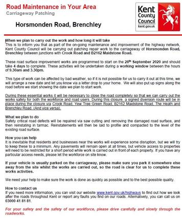  - Horsmonden Road, Brenchley - ROAD CLOSED 28 September for 4 days