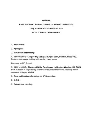  - Planning Committee Meeting Tonight 19/08/2019