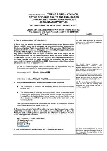  - LYMPNE PARISH COUNCIL NOTICE OF PUBLIC RIGHTS AND PUBLICATION OF UNAUDITED ANNUAL GOVERNANCE & ACCOUNTABILITY RETURN