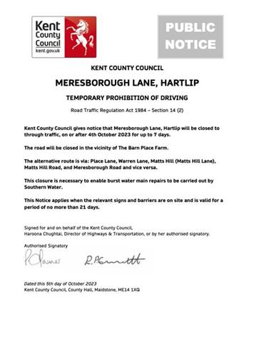  - Road Closure - Meresborough Lane, Hartlip