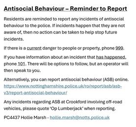 Reminder to report antisocial behaviour (ASB)