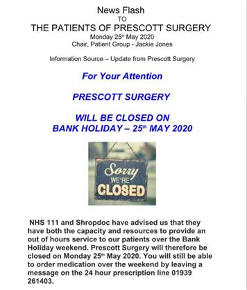  - Prescott Surgery Closed on Bank Holiday Monday