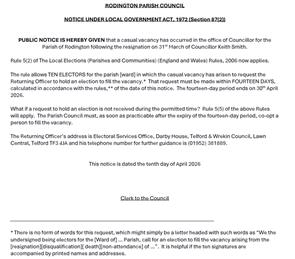 A casual vacancy at Rodington Parish Council