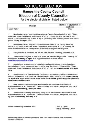  - Notice of Hampshire County by election Meon Valley division