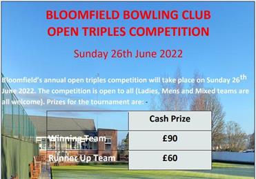  - BLOOMFIELD BOWLING CLUB OPEN TRIPLES COMPETITION Sunday 26th June 2022