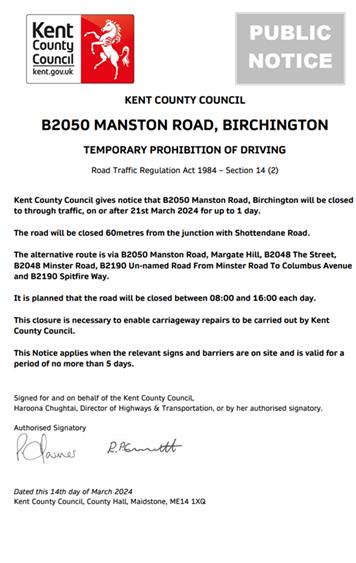  - Urgent Road Closure - B2050 Manston Road, Birchington - 21st March 2024 (Thanet)