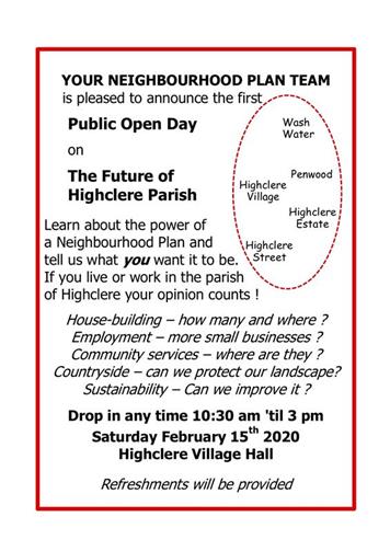  - Highclere Neighbourhood Plan Public Open Day 15th Feb