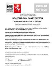 Emergency Road Closure - Norton Road, Chart Sutton - 11th March