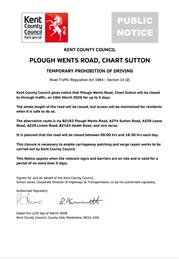 Emergency Road Closure - Plough Wents Road, Chart Sutton - 16th March 2026