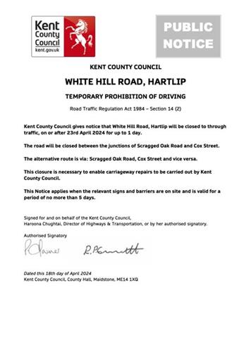  - Urgent Road Closure - White Hill Road, Hartlip - 23rd April 2024