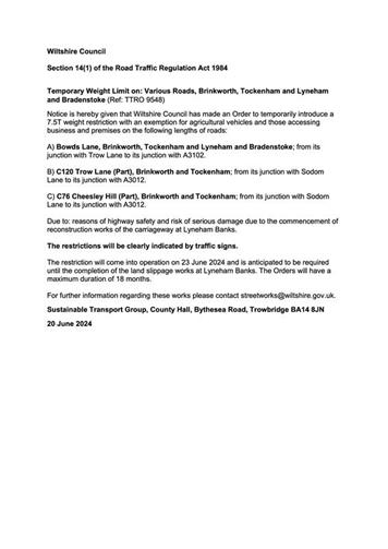  - Temporary Weight Limit on: Various Roads, Brinkworth, Tockenham and Lyneham and Bradenstoke (23.06.2024)