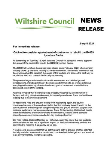  - B4069 Contractor News Release - Wiltshire Council
