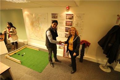 Finalists congratulaing each other on a draw - Stonhills Estate Agents play Bowls in the office against Daventry's Town Council Mayor