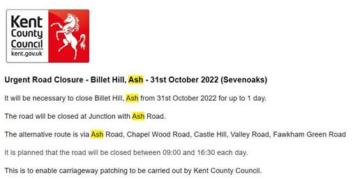  - Road Closure - Billet Hill - 31 October