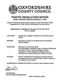 Towpath closure at Clattercote - Footpath 170/6/40