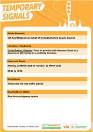Roadworks Bulletin – Temporary Traffic Signals –Dover Bottom, Elkesley