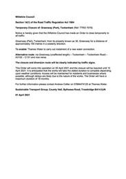 Road Closure Notice Greenway Tokkenham