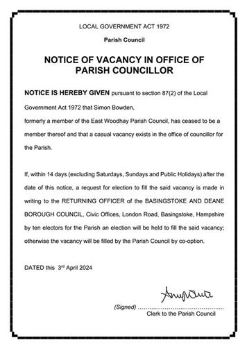  - Parish Councillor Resignation and vacancy