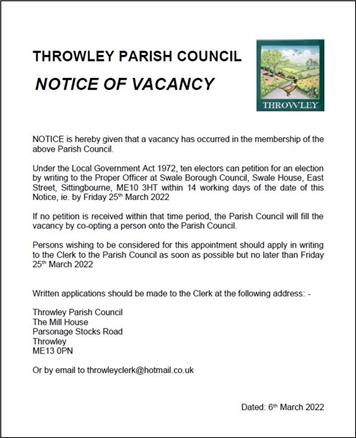  - Throwley Parish Council Vacancy