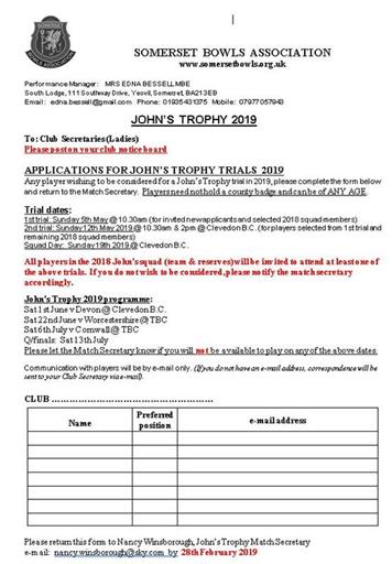  - Men's and Ladies County trials 2019