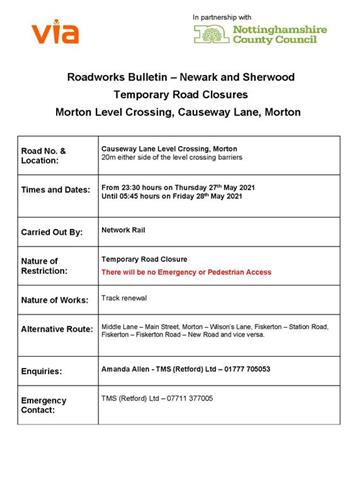  - Advance warning of Closure of Causeway Lane Morton