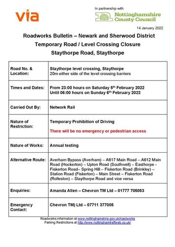  - Overnight Closure of Staythorpe Rail Crossing