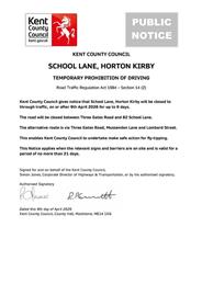 School Lane Horton Kirby - Temporary Prohibition of Driving
